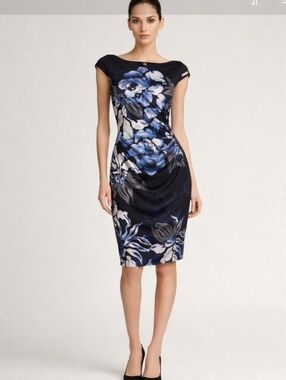 Ralph Lauren Black with Blue Floral Pencil Midi Dress Size 0